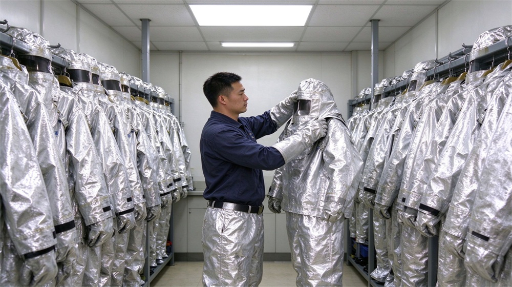 Macro detail of heavy duty protective imported fabric aluminized suit, Aluminum smelter crew in imported aluminized suits working together at potroom, demonstrating professional application use in industrial safety environment, designed for wholesale bulk supply and industrial safety procurement.