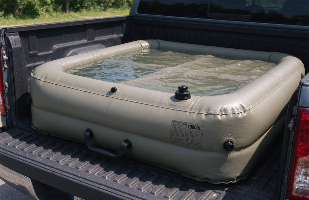 1000 liter foldable water bladder tank in pickup truck bed, portable emergency water storage tank for disaster relief and high wind emergency response operations