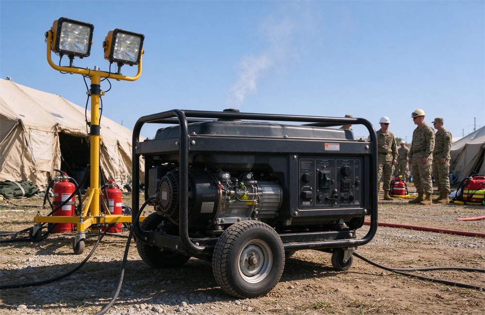 Portable industrial generator and mobile light tower at relief camp site, emergency power equipment for high wind disaster response and night time relief operations