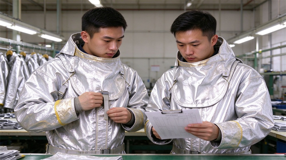 Front view of heavy duty protective imported fabric aluminized suit, Glass plant operator wearing imported aluminized heat suit near furnace, radiant heat, demonstrating professional application use in industrial safety environment, designed for wholesale bulk supply and industrial safety procurement. Front view of heavy duty protective imported fabric aluminized suit, Glass plant operator wearing imported aluminized heat suit near furnace, radiant heat, demonstrating professional application use in industrial safety environment, designed for wholesale bulk supply and industrial safety procurement.