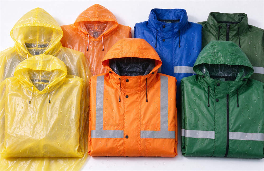 Multiple rain ponchos and reflective rain jackets in different colors, emergency rain gear and waterproof protection supplies for high wind and rain disaster response