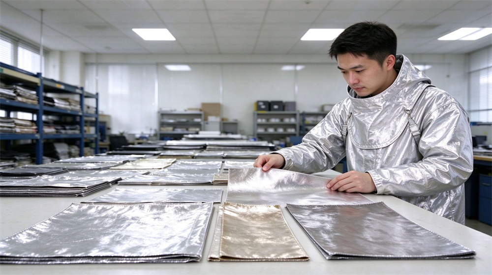 45 degree angle of heavy duty protective imported fabric aluminized suit, Imported aluminized heat suit chest branding detail on white background for custom, demonstrating professional product use in industrial safety environment, designed for wholesale bulk supply and industrial safety procurement.
