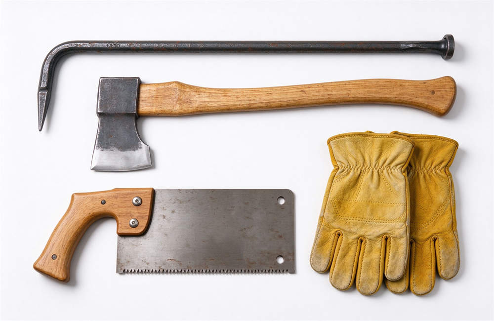 Debris clearance hand tools flat lay: pry bar, axe, folding hand saw, leather work gloves, emergency cleanup tools for high wind storm debris removal operations