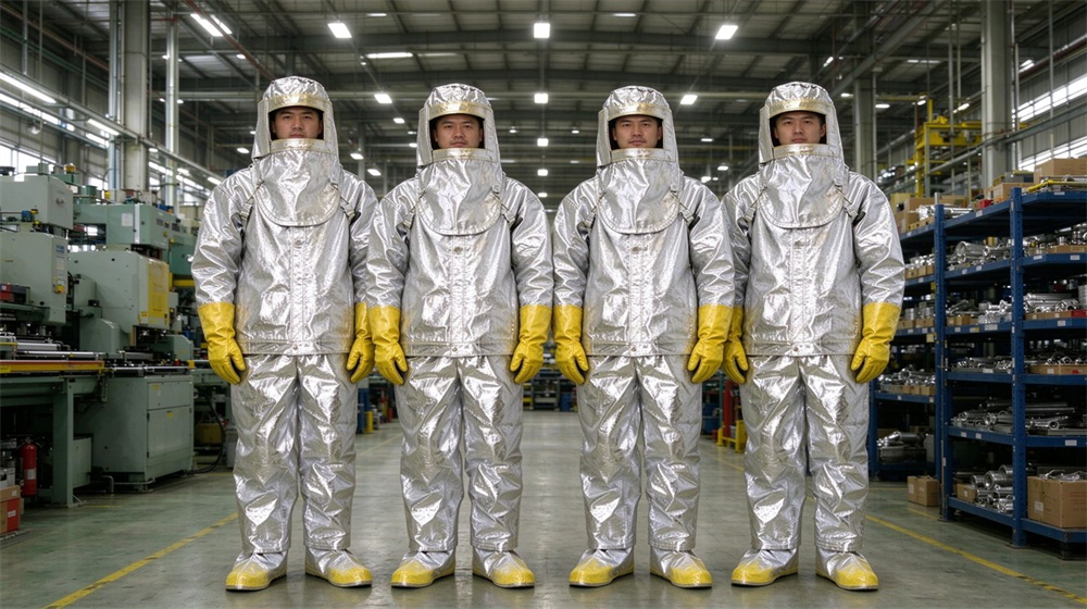Close up detail of heavy duty protective imported fabric aluminized suit, Warehouse stock of imported aluminized heat suits stored on shelves ready for, demonstrating professional application use in industrial safety environment, designed for wholesale bulk supply and industrial safety procurement.