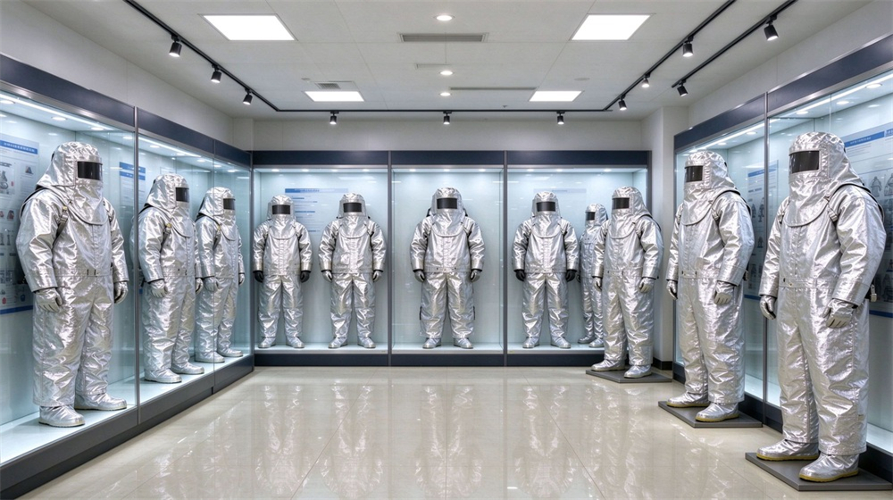 Overhead view of heavy duty protective imported fabric aluminized suit, Export packing of imported aluminized heat suits in warehouse before shipment, demonstrating professional application use in industrial safety environment, designed for wholesale bulk supply and industrial safety procurement.