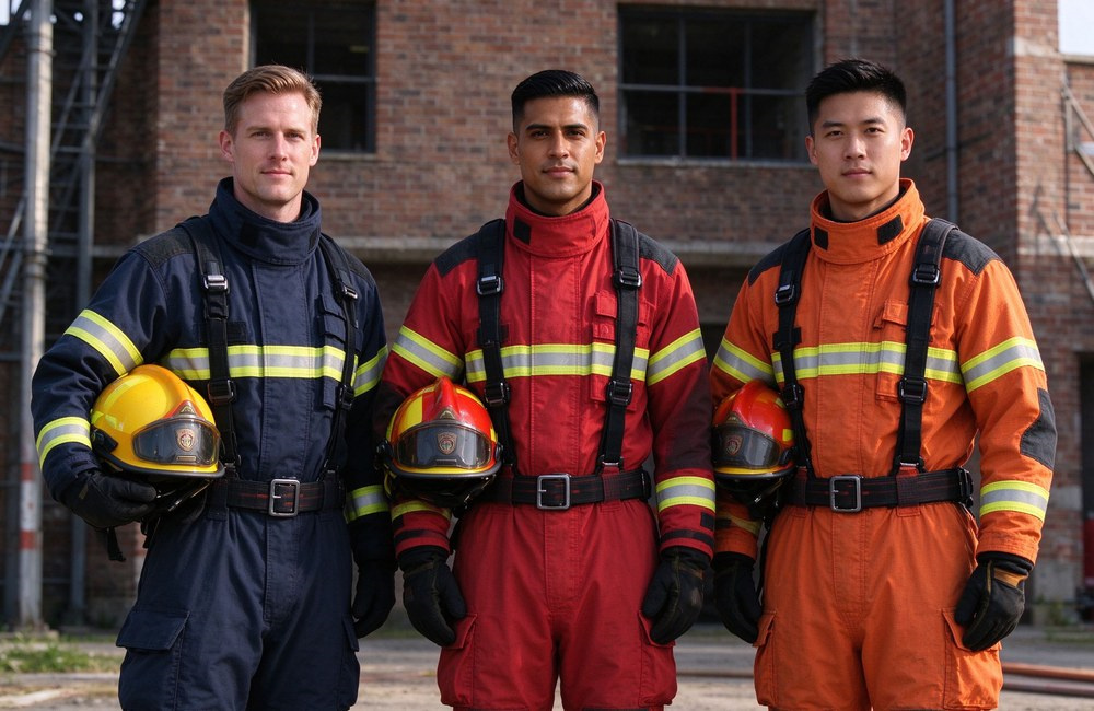 Front eye-level of three foreign firefighters of different ethnicities standing in a row in front of a brick training tower, each holding a helmet, wearing navy, red and orange turnout gear with reflective stripes.