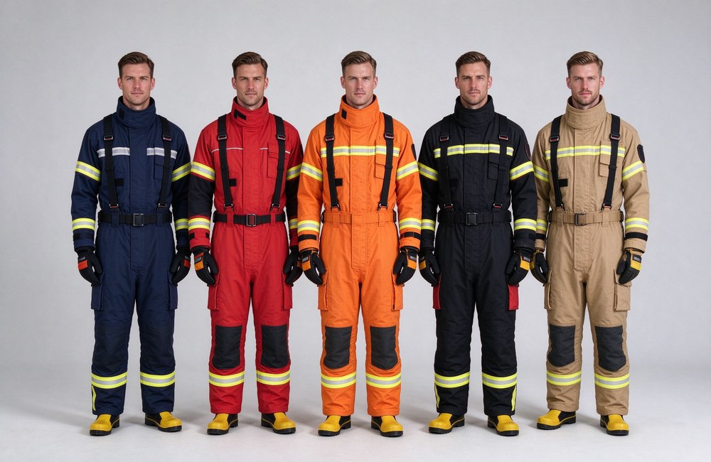 Front view of five foreign models standing side by side on a light grey studio background, each wearing the same two-piece turnout suit in navy, red, orange, black and khaki with two-inch reflective trim.