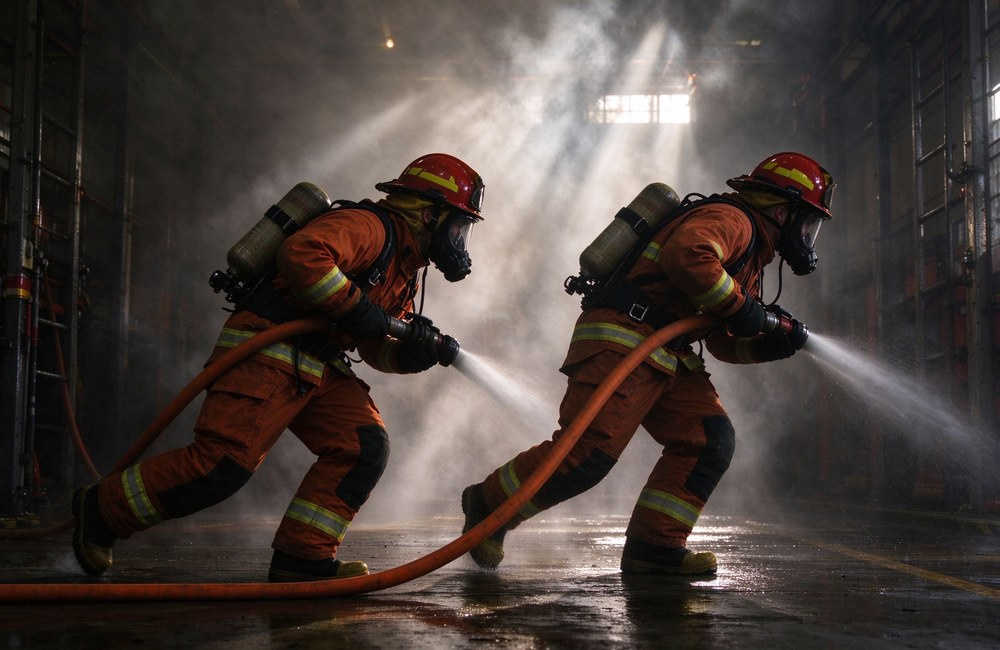 Side tracking shot of two foreign firefighters crouched and advancing through thick black smoke inside a training tower, holding a charged hose nozzle, backlit beams through haze.