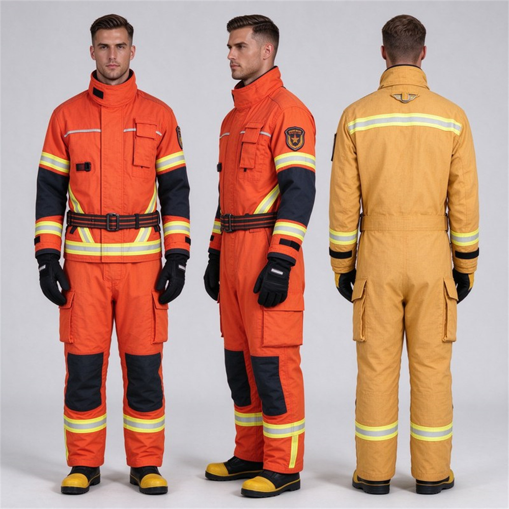 Three firefighter turnout suits displayed in side and back angles showing reflective trim placement pocket layout and suspender system on gray background