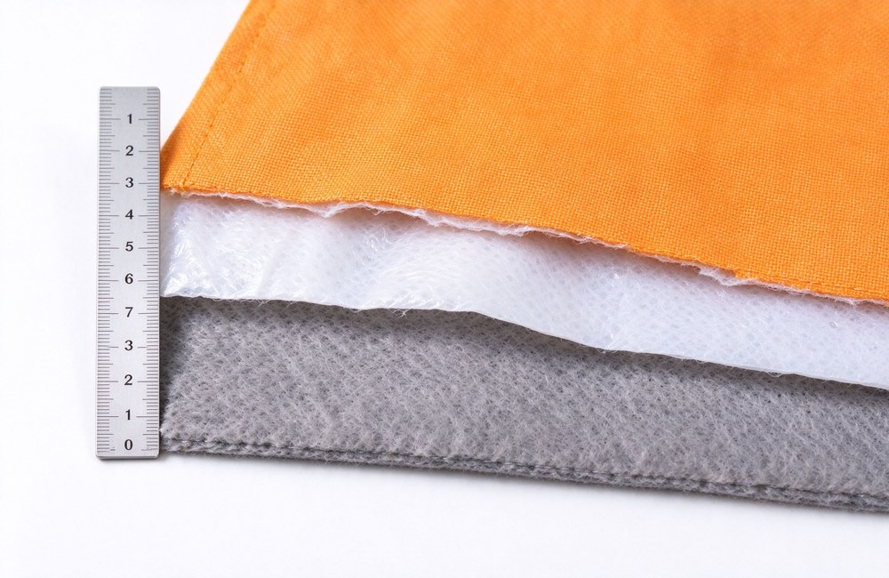 Overhead close-up of the three-layer turnout suit construction laid flat: orange Nomex outer shell, white moisture barrier, grey thermal liner, with a metric ruler beside for scale.