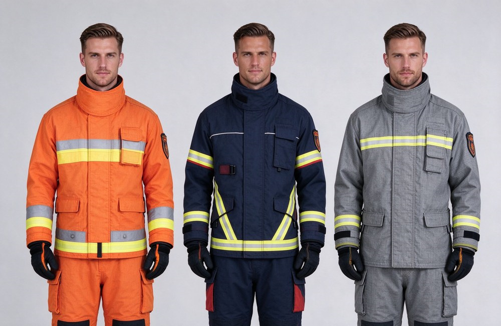 Front view of three foreign models standing side by side on a light grey background, wearing turnout coats with orange, navy and grey outer shells to compare Nomex, Kevlar and PBI fabric options.