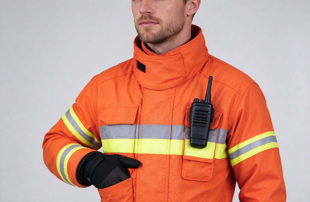 Forty-five degree close-up of a foreign model wearing an orange turnout coat, hand in the chest radio pocket, showing the storm flap, shoulder reinforcement and reflective stripes.