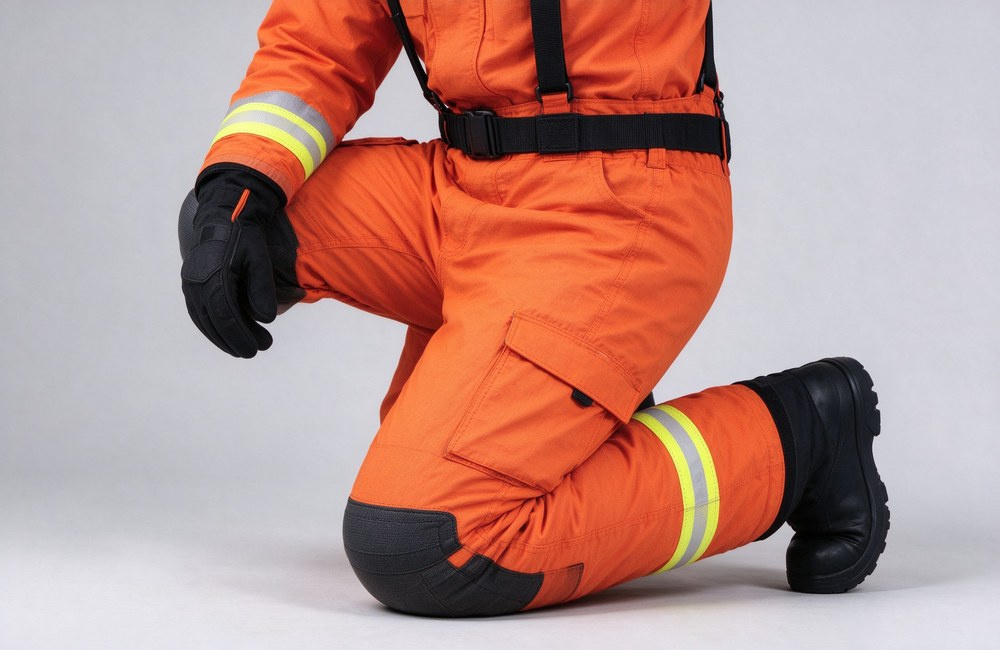 Side close-up of a foreign firefighter kneeling on one knee in orange turnout bib pants, showing black H-style suspenders, reinforced knee pad and lower-leg reflective trim.