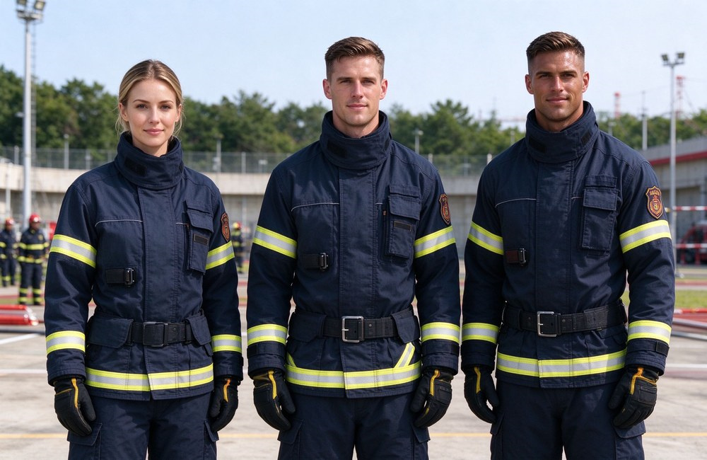 Front view of three foreign firefighters of slim, regular and athletic builds wearing the same navy turnout suit on an outdoor training ground, demonstrating consistent fit and sizing.
