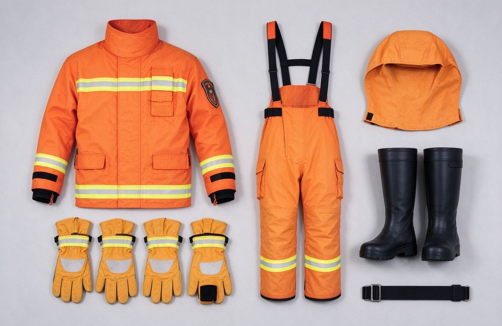 Flat-lay overhead of a complete turnout gear set neatly arranged on a light grey background: orange coat, bib pants, nomex hood, fire gloves, black rubber boots and belt.