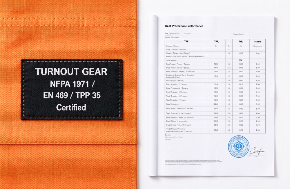 Overhead close-up on white background of a black woven label sewn on orange shell fabric reading NFPA 1971, beside a third-party heat protection test report sheet with English data table.