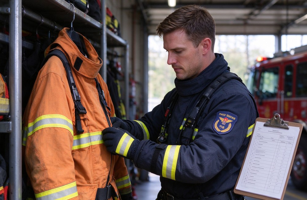 Side view of a foreign firefighter in the fire station bay checking the stitching and reflective trim of a hanging orange turnout coat, clipboard checklist under his arm.