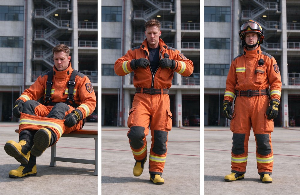 Three-panel sequence of one foreign firefighter donning an orange turnout suit against a training tower: stepping into bib pants, zipping the coat, then standing ready with helmet.