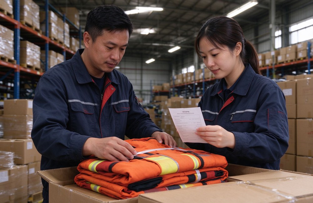 Side view of two Asian workers, a man and a woman, checking and packing folded orange turnout suits into cartons in a bright warehouse, tall shelves and stacked boxes behind.