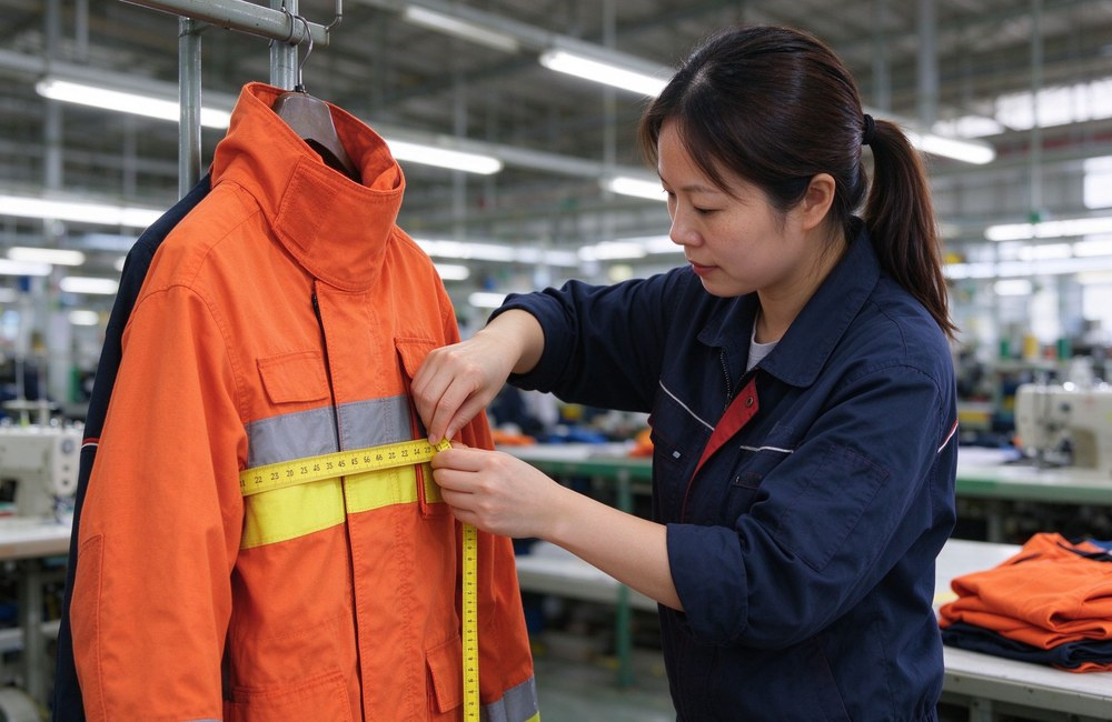 Side view of an Asian female quality-control worker in a bright garment factory measuring the chest of an orange turnout coat on a hanger with a yellow soft tape.