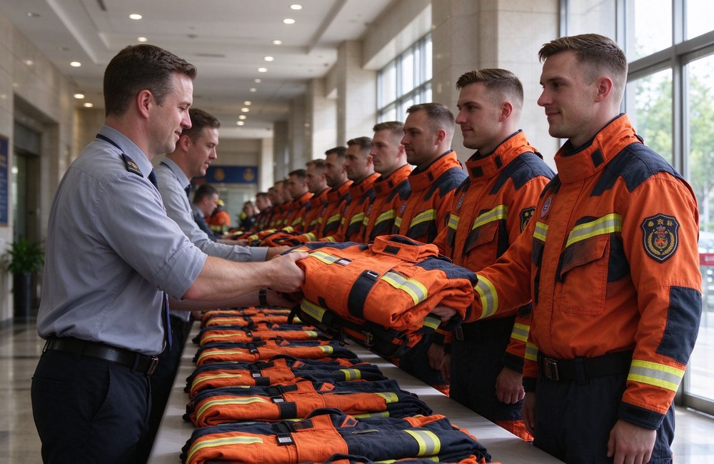 Front view of foreign firefighters queuing in a public-building corridor to receive folded turnout suits from a staff member at a long table piled with orange and navy gear.