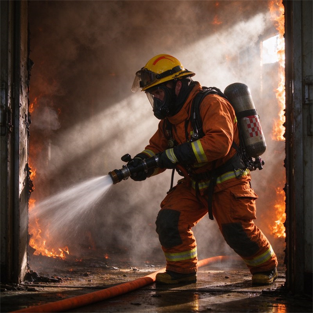Real structural fire scene with firefighter in full turnout gear advancing hose line through thick smoke and orange flames interior attack position