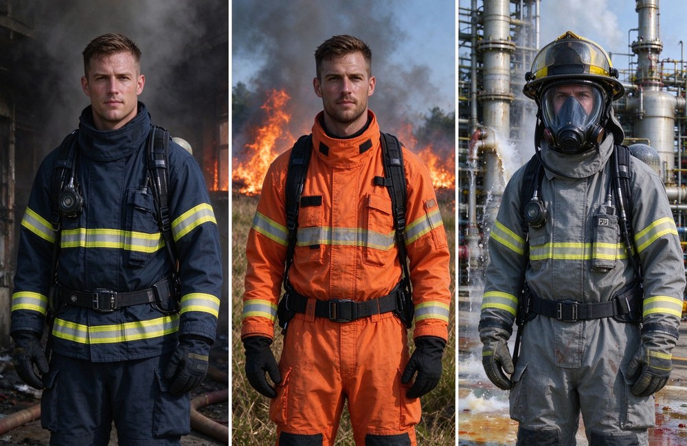 Three-panel comparison showing firefighters in structural fire interior attack wearing 4-layer suit, wildland fire wearing 3-layer suit, and chemical spill wearing 4-layer PBI shell firefighter turnout gear