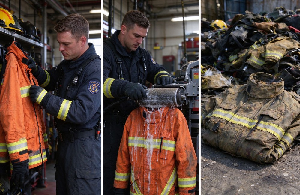 Three real photos showing firefighter inspecting turnout gear seams, professional NFPA 1851 gear cleaning service, and firefighter replacing retired old protective suit
