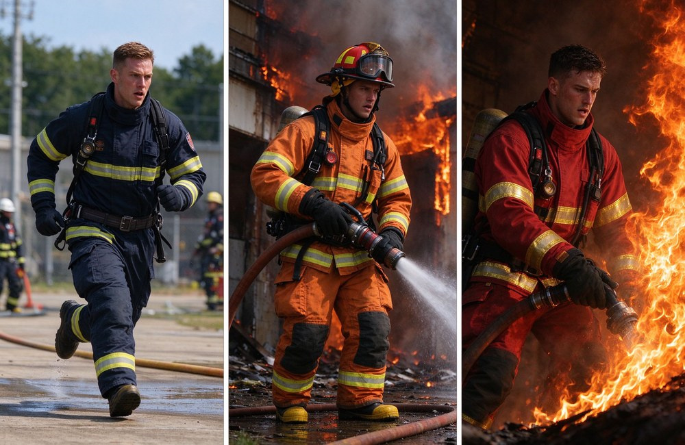 Three-panel comparison showing entry-level gear firefighter in training, standard gear firefighter in structural fire, and premium gear firefighter in proximity rescue