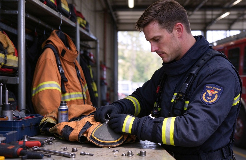 Side view of a foreign firefighter repairing D3O knee pad component on turnout gear at maintenance workbench with tools and spare parts in fire station gear room