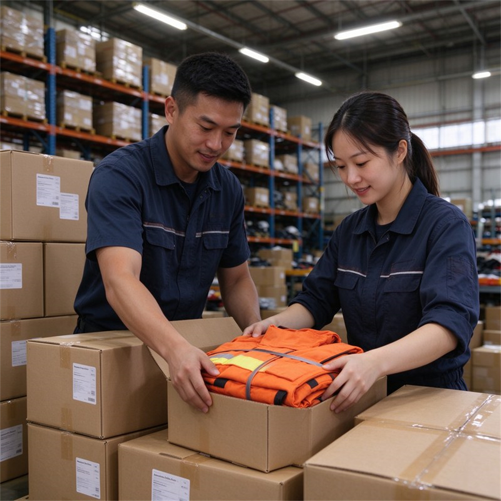 Asian factory workers in warehouse packing firefighter turnout suits into cartons checking quality and stacking boxes for shipping with inventory pallets