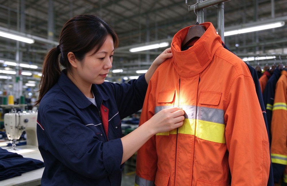 Asian female QC worker inspecting firefighter turnout gear stitching and seams at production line workstation holding coat up to light with sewing machines background