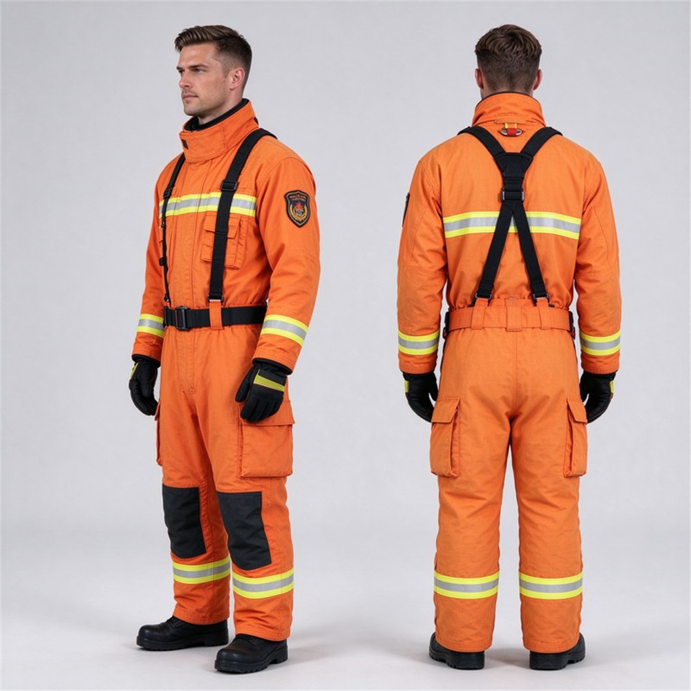 Two firefighters in turnout gear shown from side and back angles wearing SCBA harness demonstrating gear fit and mobility with reflective trim visible Two firefighters in turnout gear shown from side and back angles wearing SCBA harness demonstrating gear fit and mobility with reflective trim visible