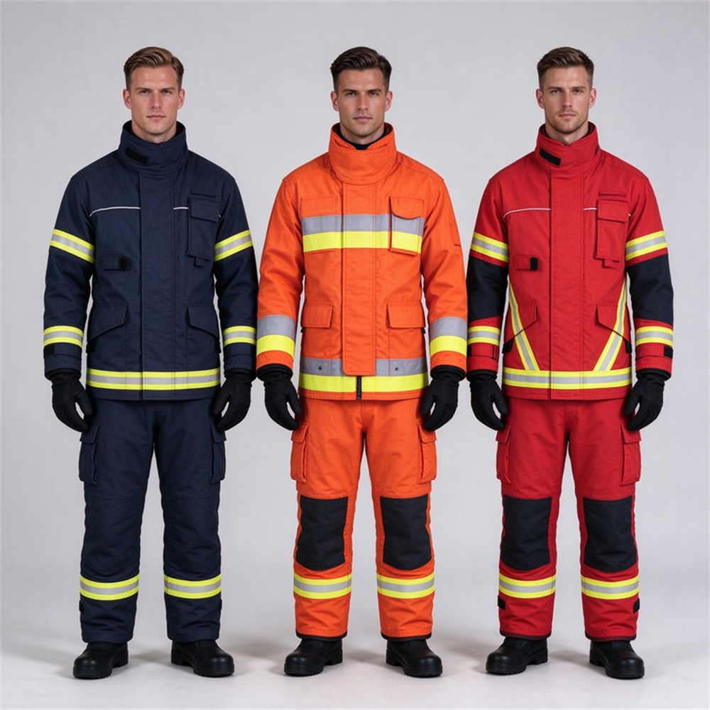 Three firefighters in different colored turnout gear standing front view wearing complete PPE with helmets and gloves faces distinct and confident posture