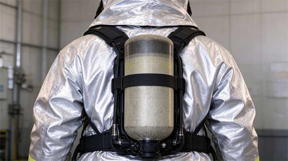 Side angle of heavy duty protective eu standard heavy duty heat suit, EU grade fire proximity suit SCBA backpack integration detail rear view, demonstrating professional product use in industrial safety environment, designed for wholesale bulk supply and industrial safety procurement.