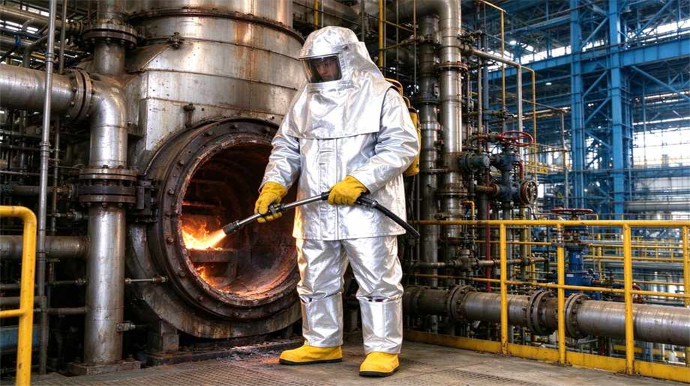 Close up detail of heavy duty protective eu standard heavy duty heat suit, Power plant boiler maintenance worker wearing EU grade aluminized suit near boiler, demonstrating professional application use in industrial safety environment, designed for wholesale bulk supply and industrial Close up detail of heavy duty protective eu standard heavy duty heat suit, Power plant boiler maintenance worker wearing EU grade aluminized suit near boiler, demonstrating professional application use in industrial safety environment, designed for wholesale bulk supply and industrial
