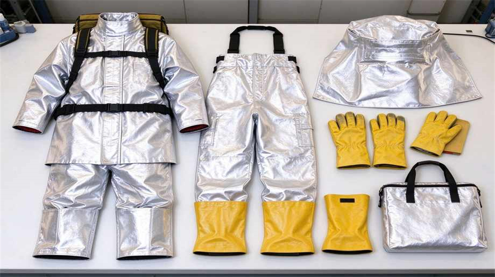 45 degree angle of heavy duty protective eu standard heavy duty heat suit, EU grade heat suit full set hood gloves boot covers carry bag, demonstrating professional product use in industrial safety environment, designed for wholesale bulk supply and industrial 45 degree angle of heavy duty protective eu standard heavy duty heat suit, EU grade heat suit full set hood gloves boot covers carry bag, demonstrating professional product use in industrial safety environment, designed for wholesale bulk supply and industrial