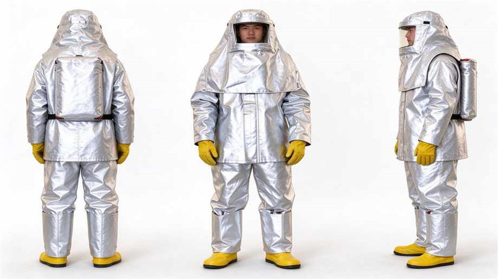 Wide shot of heavy duty protective eu standard heavy duty heat suit, EU standard thermal suit white background three views with SCBA backpack for, demonstrating professional product use in industrial safety environment, designed for wholesale bulk supply and industrial safety