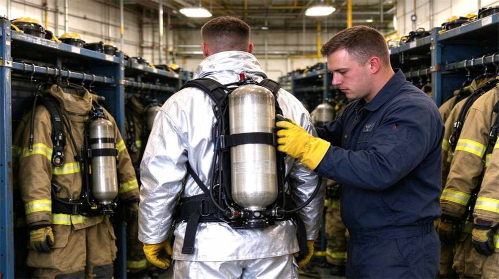 Close up detail of heavy duty protective eu standard heavy duty heat suit, EU grade fire proximity suit backpack integration front view showing cylinder position, demonstrating professional application use in industrial safety environment, designed for wholesale bulk supply and industrial