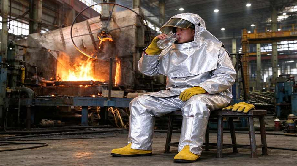 Aerial perspective of heavy duty protective eu standard heavy duty heat suit, Worker resting and drinking water in heavy duty heat suit during shift, demonstrating professional application use in industrial safety environment, designed for wholesale bulk supply and industrial safety
