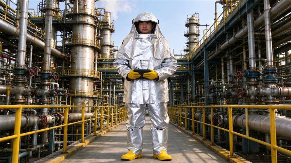 Macro detail of heavy duty protective eu standard heavy duty heat suit, Petrochemical plant patrol worker wearing EU standard heat protective suit near towers, demonstrating professional application use in industrial safety environment, designed for wholesale bulk supply and industrial safety Macro detail of heavy duty protective eu standard heavy duty heat suit, Petrochemical plant patrol worker wearing EU standard heat protective suit near towers, demonstrating professional application use in industrial safety environment, designed for wholesale bulk supply and industrial safety