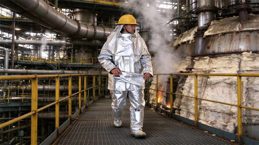 Front view of heavy duty protective eu standard heavy duty heat suit, Power plant boiler platform inspection worker wearing aluminized suit on grating walkway, demonstrating professional application use in industrial safety environment, designed for wholesale bulk supply and industrial safety