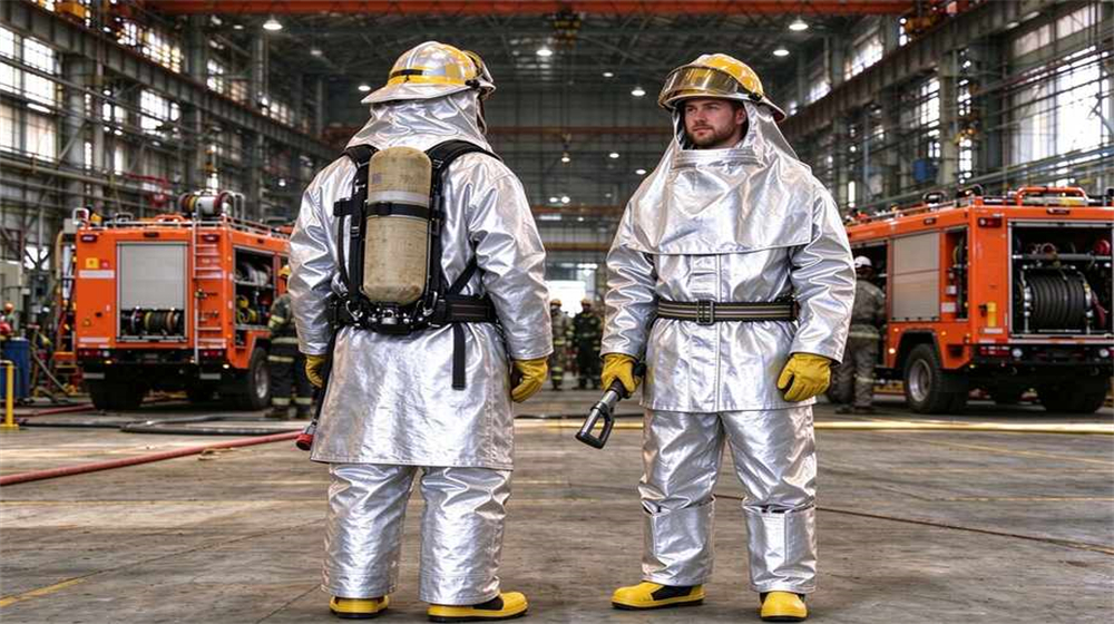 Wide shot of heavy duty protective eu standard heavy duty heat suit, Rescue team wearing EU grade fire proximity suit two members industrial rescue, demonstrating professional application use in industrial safety environment, designed for wholesale bulk supply and industrial safety Wide shot of heavy duty protective eu standard heavy duty heat suit, Rescue team wearing EU grade fire proximity suit two members industrial rescue, demonstrating professional application use in industrial safety environment, designed for wholesale bulk supply and industrial safety
