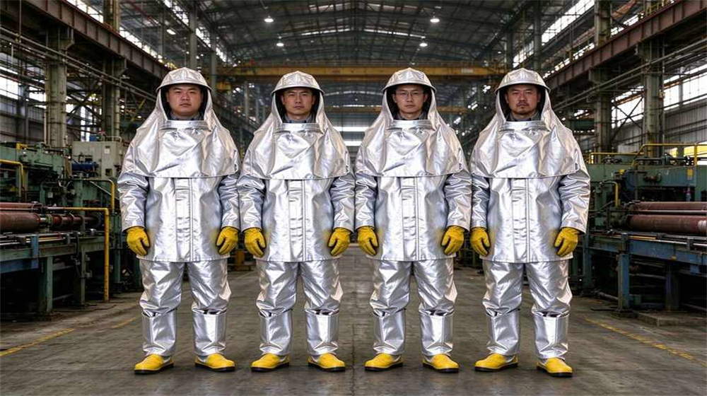 Close up detail of heavy duty protective eu standard heavy duty heat suit, Plant crew wearing EU grade aluminized suits lined up in workshop, demonstrating professional application use in industrial safety environment, designed for wholesale bulk supply and industrial safety Close up detail of heavy duty protective eu standard heavy duty heat suit, Plant crew wearing EU grade aluminized suits lined up in workshop, demonstrating professional application use in industrial safety environment, designed for wholesale bulk supply and industrial safety