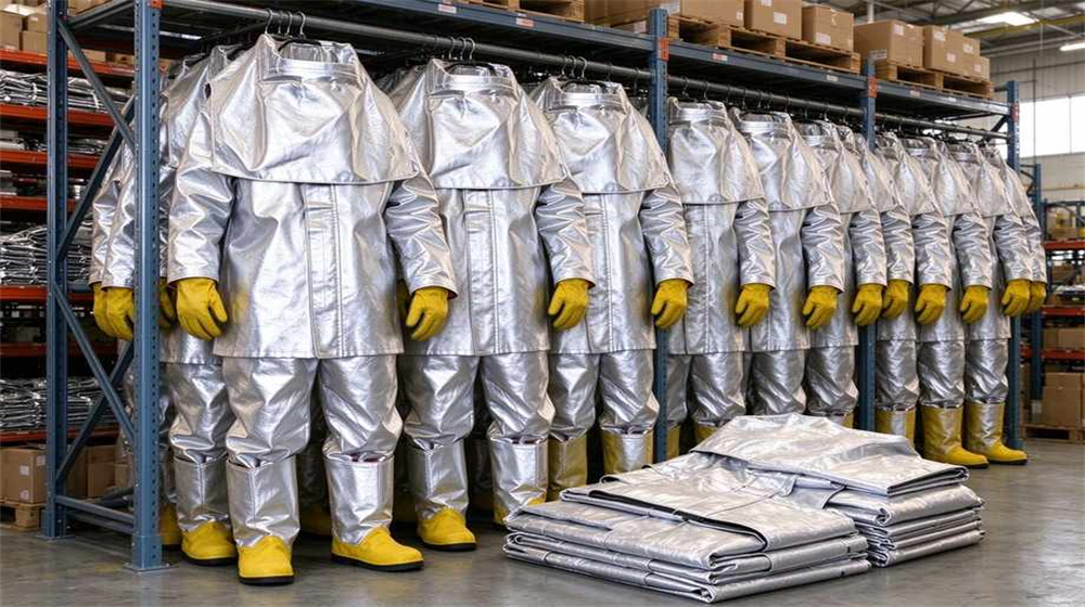 Front view of heavy duty protective eu standard heavy duty heat suit, Heat resistant aluminized gloves with reflective coating included with wholesale EU grade, demonstrating professional application use in industrial safety environment, designed for wholesale bulk supply and industrial safety
