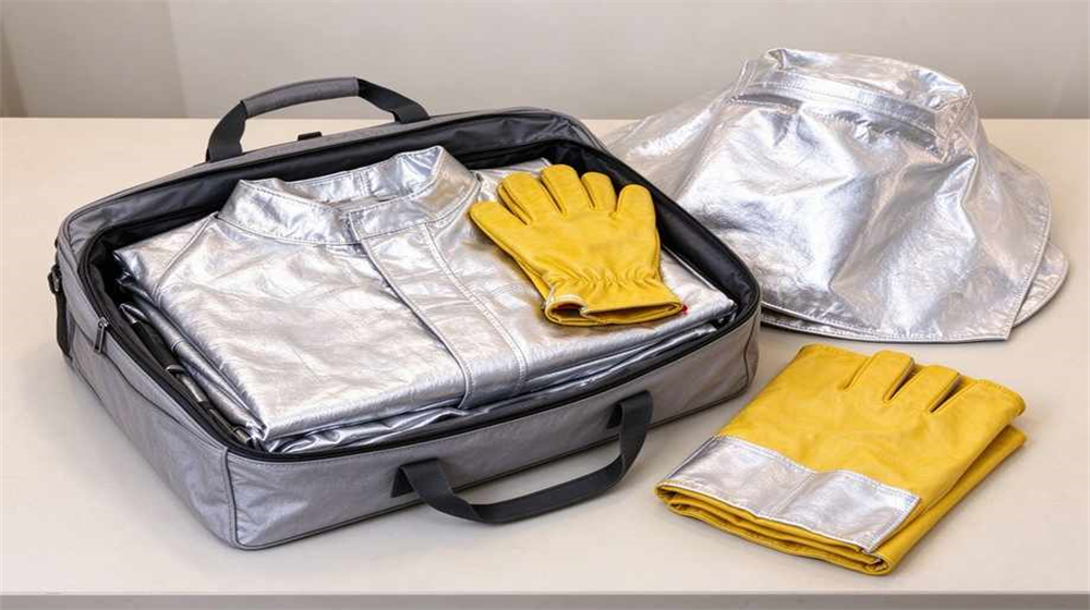 Overhead view of heavy duty protective eu standard heavy duty heat suit, Export packing EU grade aluminized heat suits into cartons in warehouse for, demonstrating professional product use in industrial safety environment, designed for wholesale bulk supply and industrial safety Overhead view of heavy duty protective eu standard heavy duty heat suit, Export packing EU grade aluminized heat suits into cartons in warehouse for, demonstrating professional product use in industrial safety environment, designed for wholesale bulk supply and industrial safety
