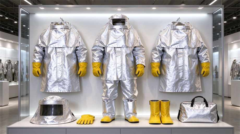 Overhead view of heavy duty protective eu standard heavy duty heat suit, Showroom display of EU grade heat suit full configuration with accessories, demonstrating professional application use in industrial safety environment, designed for wholesale bulk supply and industrial safety procurement. Overhead view of heavy duty protective eu standard heavy duty heat suit, Showroom display of EU grade heat suit full configuration with accessories, demonstrating professional application use in industrial safety environment, designed for wholesale bulk supply and industrial safety procurement.