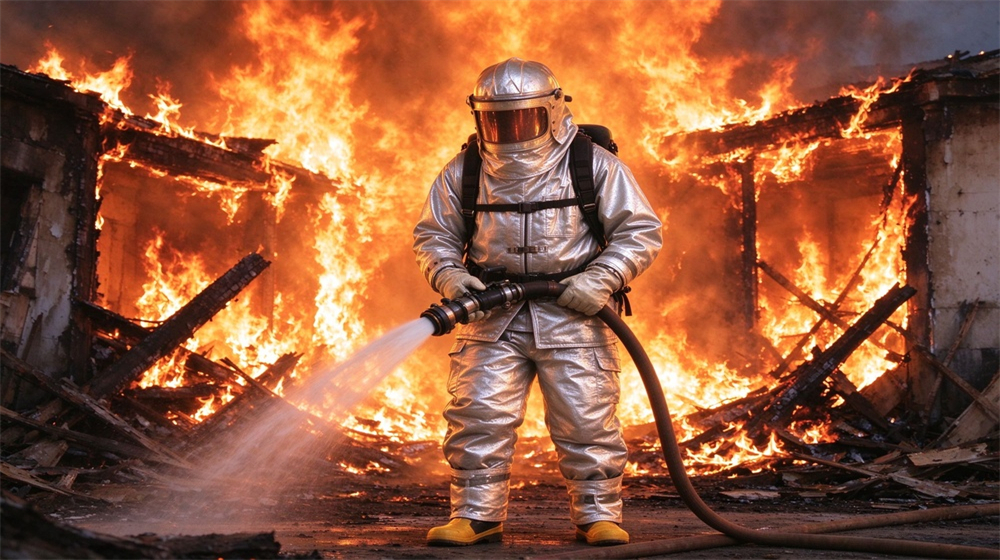 Front view of heavy duty protective firefighter proximity suit, Firefighter proximity suit in action during fire rescue extinguishing, aluminized heat protection, demonstrating professional application use in industrial safety environment, designed for wholesale bulk supply and industrial safety procurement.