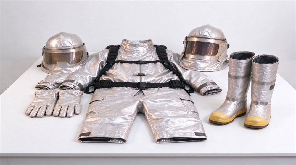 45 degree angle of heavy duty protective firefighter proximity suit, Firefighter proximity suit full set flat lay white background, jacket trousers hood, demonstrating professional product use in industrial safety environment, designed for wholesale bulk supply and industrial safety procurement.