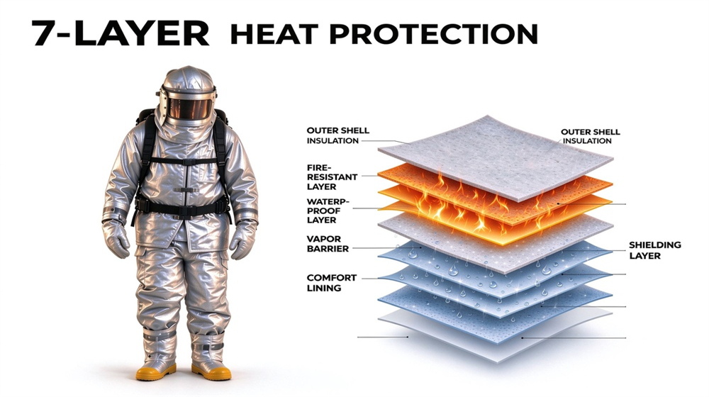 Overhead view of heavy duty protective firefighter proximity suit, Seven layer heat protection structure diagram, aluminized proximity suit insulation build reflection, demonstrating professional info use in industrial safety environment, designed for wholesale bulk supply and industrial safety procurement. Overhead view of heavy duty protective firefighter proximity suit, Seven layer heat protection structure diagram, aluminized proximity suit insulation build reflection, demonstrating professional info use in industrial safety environment, designed for wholesale bulk supply and industrial safety procurement.